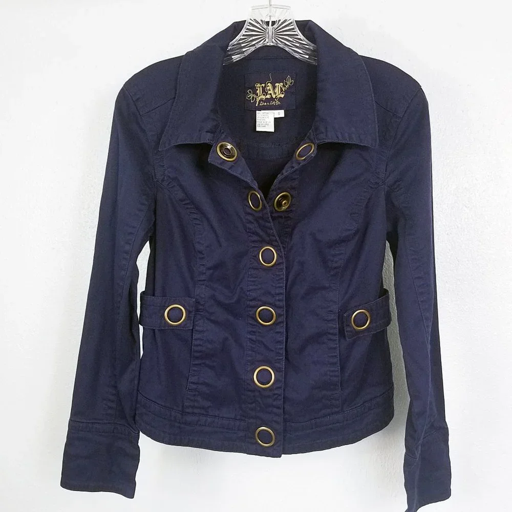 Live A Little L.A.L. Navy Blue Brass Women's Coat Street Moto Jacket - Picture 1 of 8
